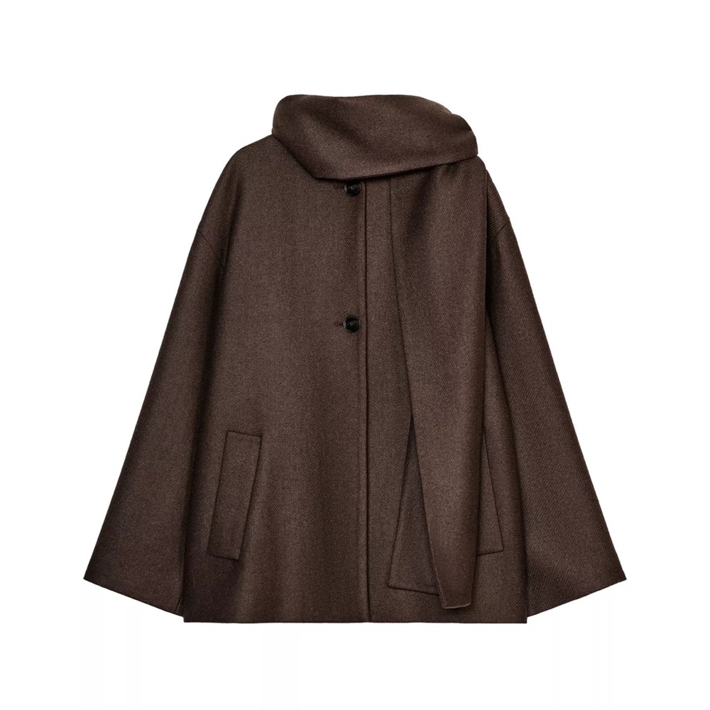 Brown Wool Blend Short Coat With Scarf
